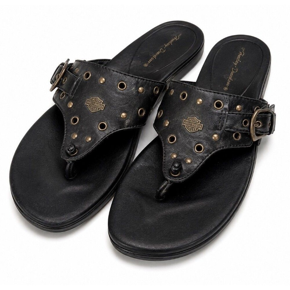 Harley-Davidson D9330 Women’s 9 Black Leather Thong Sandals Studded Biker